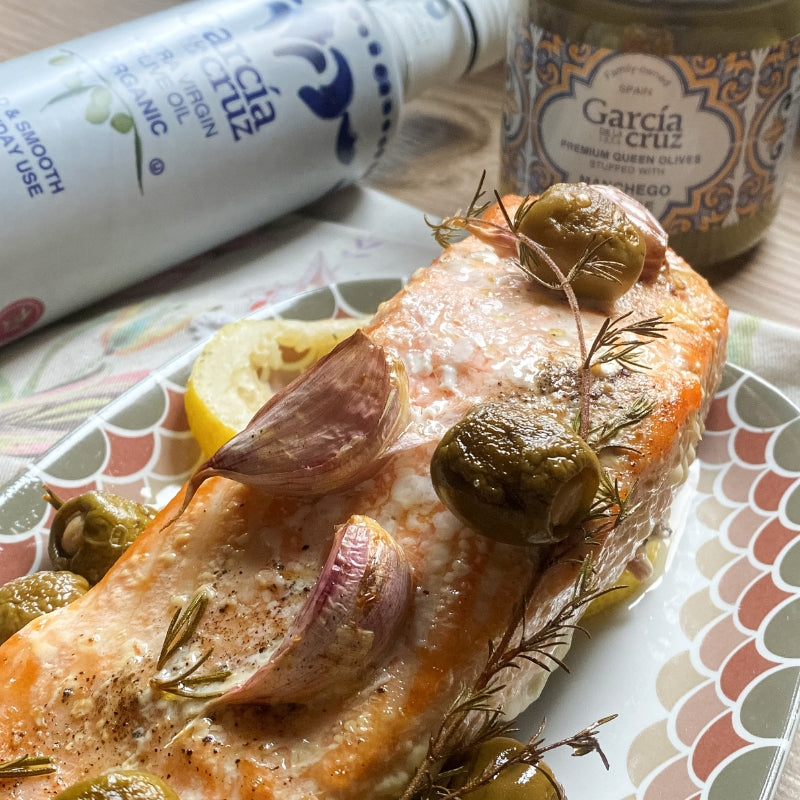 Oven-Baked Salmon with Stuffed Olives