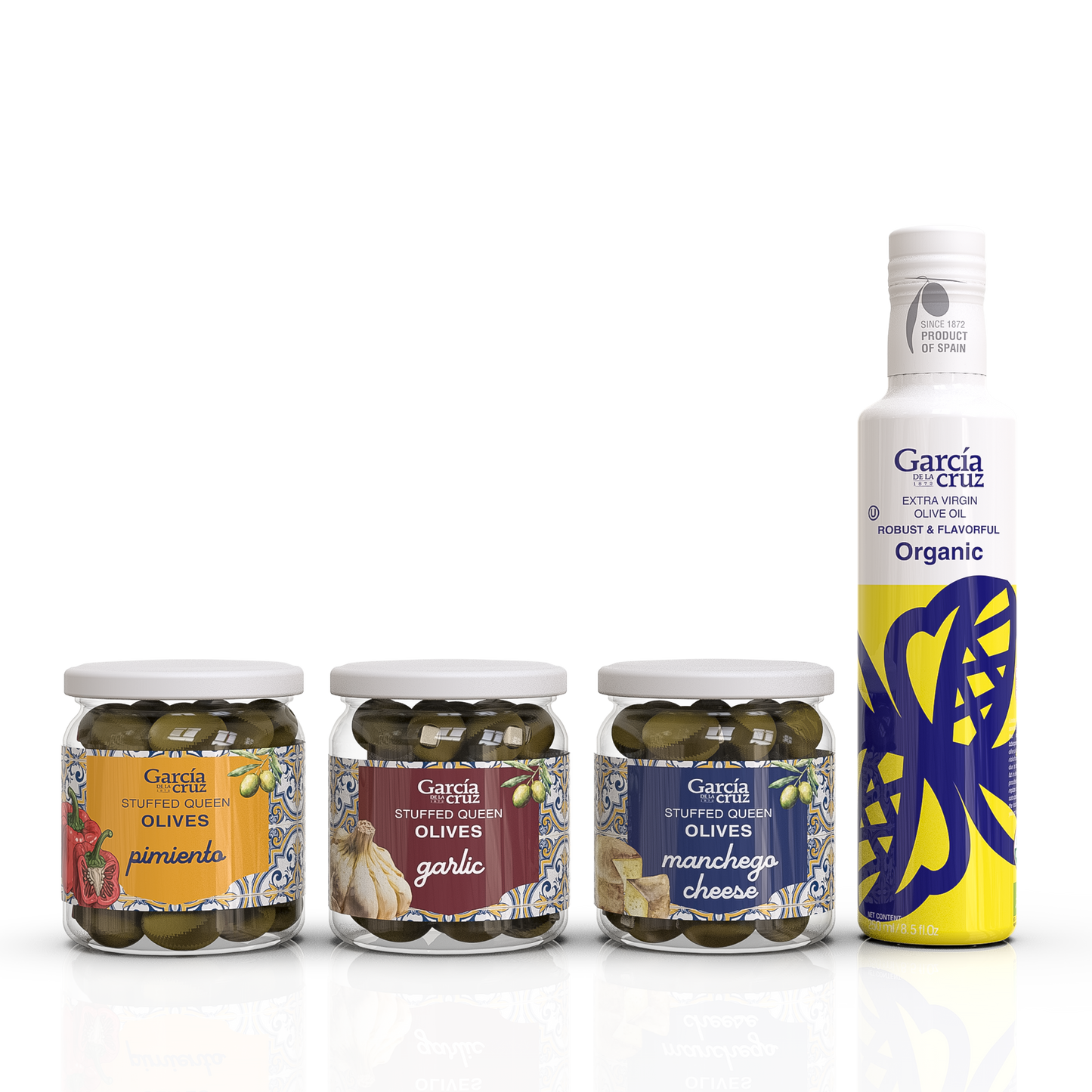 Spanish Tapas Bundle – Picual EVOO + Garlic, Manchego Cheese & Pimiento Olives