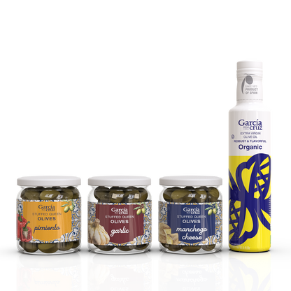 Spanish Tapas Bundle – Picual EVOO + Garlic, Manchego Cheese & Pimiento Olives