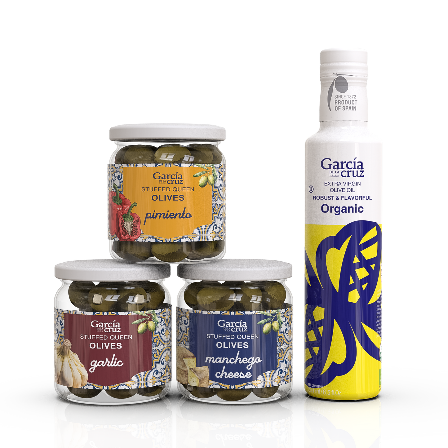 Spanish Tapas Bundle – Picual EVOO + Garlic, Manchego Cheese & Pimiento Olives