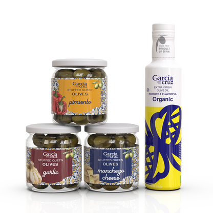 Spanish Tapas Bundle – Picual EVOO + Garlic, Manchego Cheese & Pimiento Olives